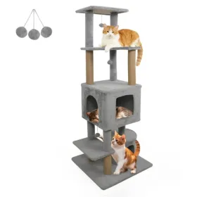64" Light Gray Cat Tower With Plush Perches & 3 Dangling Balls, Jute Scratching Posts & Anti-Tipping Device For Multi-Cat Households (Option: defaulttitle)