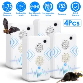 4pcs Ultrasonic Pest Repeller - 1-75KHz Adjustable 6 Levels, Repels Bats Birds Mice, 753Sq.ft Coverage, 950mAh Rechargeable For Indoor Outdoor Us (Option: defaulttitle)