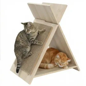 Multi-Functional Cat Scratcher - 18.5"x12"x21", Scratching Surface, Tunnel & Wooden Lounge (Option: defaulttitle)